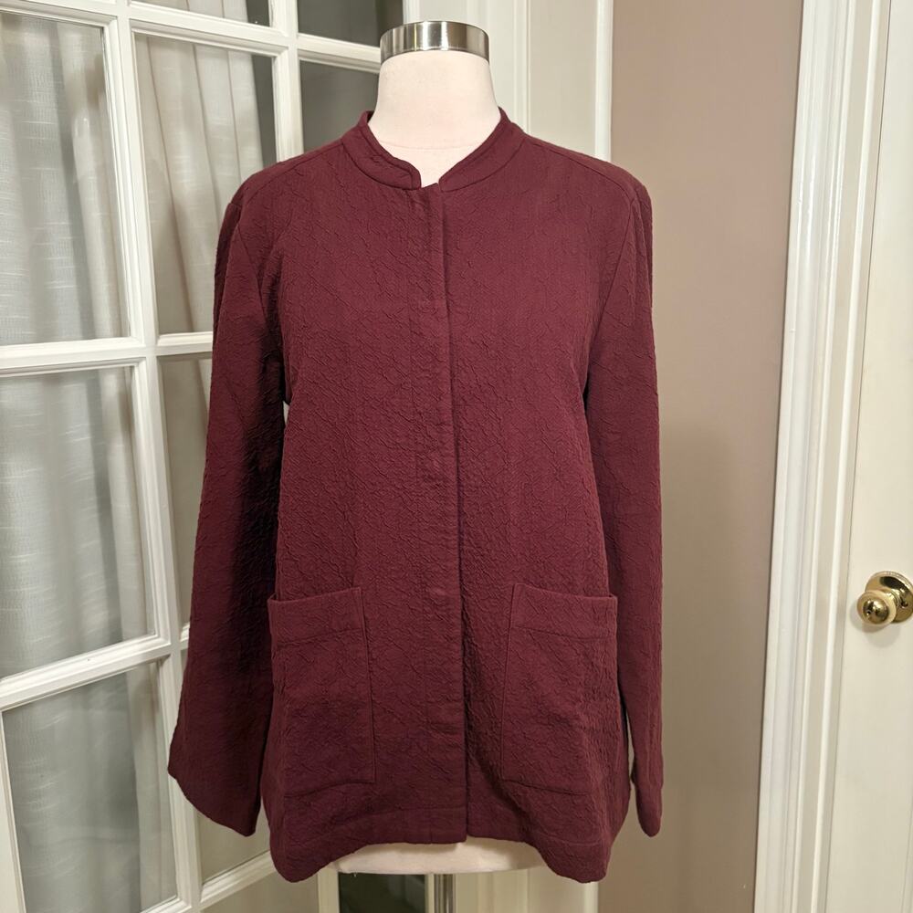 Eileen Fisher Organic Cotton Textured Jacket Burgundy Wine Small With Pockets - Picture 2 of 8